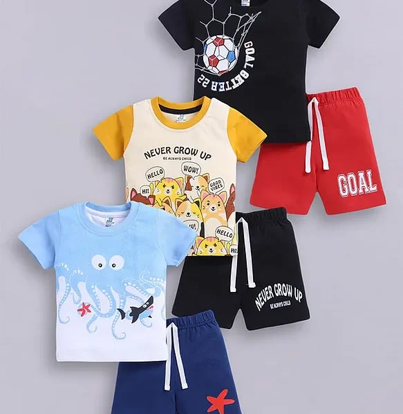 Cotton Knit Pack Of 3 Half Sleeves Animals & Sea Life Printed Tees & Shorts Set