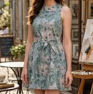 PRINTED FIT AND FLARE SHORT DRESS WITH SELF FABRIC BELT