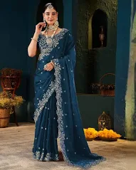 Peacock Blue Tissue Satin Sequence Embroidery Saree