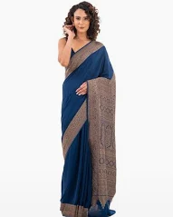 Midnight Blue Plain Crepe Silk Handloom Banarasi Saree