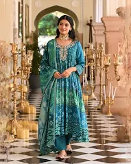 Bluish Green Muslin Anarkali Suit Set with Gota Work on Neck