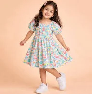 Cotton Woven Half Puffed Sleeves Floral Printed Dress - Multi Colour