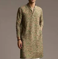 Eathy Brown Silk Designer Kurta For Men With Subtle Floral Vine Print