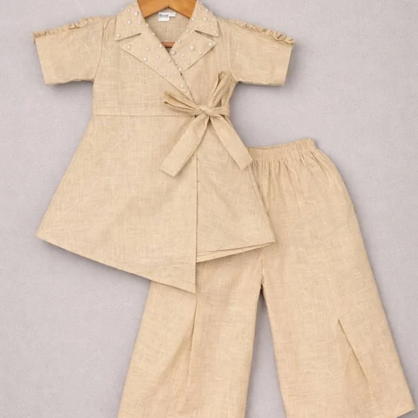 Cream Cotton Embroidered Wrap Co-ord Set For Girls