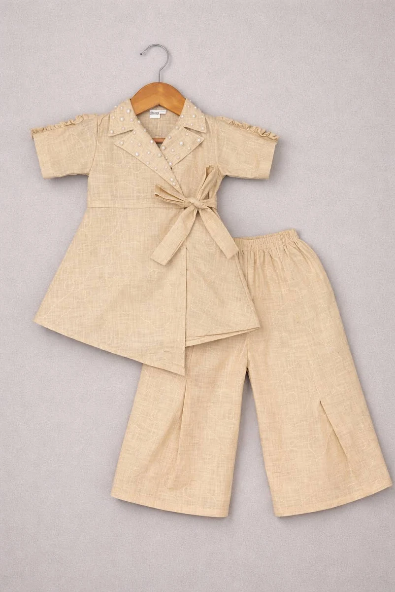 Cream Cotton Embroidered Wrap Co-ord Set For Girls